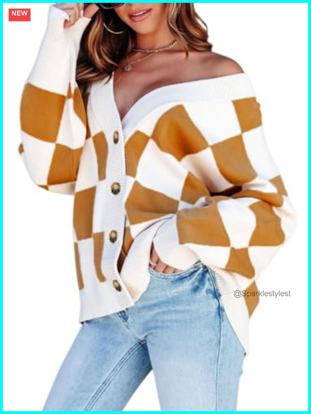 Cable Knit Plaid Button Down Cardigan Long Sleeve Oversized Sweater